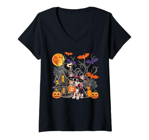 Damen Chihuahua As Witch Halloween Castle Carved Pumpkins Owner T-Shirt mit V-Ausschnitt Damen Chihuahua As Witch Halloween Castle Carved Pumpkins Owner T-Shirt mit V-Ausschnitt von Dog Halloween Costume