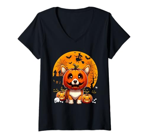 Damen Corgi Cosplay Geschnitzte Kürbisse Horror Kopf Halloween Besitzer T-Shirt mit V-Ausschnitt Damen Corgi Cosplay Geschnitzte Kürbisse Horror Kopf Halloween Besitzer T-Shirt mit V-Ausschnitt von Dog Halloween Costume