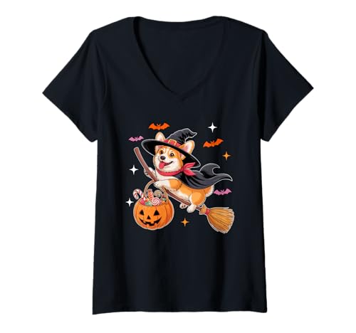 Damen Corgi Cosplay Witch On Broomstick Halloween Owner Kids T-Shirt mit V-Ausschnitt von Dog Halloween Costume
