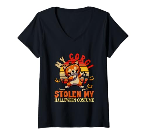 Damen Corgi Stolen My Halloween Kostüm Hund geschnitzter Kürbis T-Shirt mit V-Ausschnitt Damen Corgi Stolen My Halloween Kostüm Hund geschnitzter Kürbis T-Shirt mit V-Ausschnitt von Dog Halloween Costume