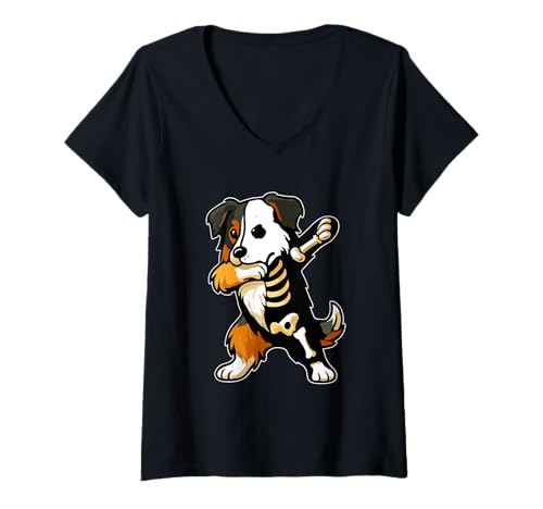 Damen Dabbing Australian Shepherd Halbes Skelett Halloween Besitzer T-Shirt mit V-Ausschnitt von Dog Halloween Costume
