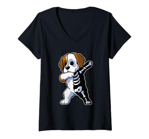 Damen Dabbing Bernhardiner Halbes Skelett Halloween Kostüm Besitzer T-Shirt mit V-Ausschnitt von Dog Halloween Costume