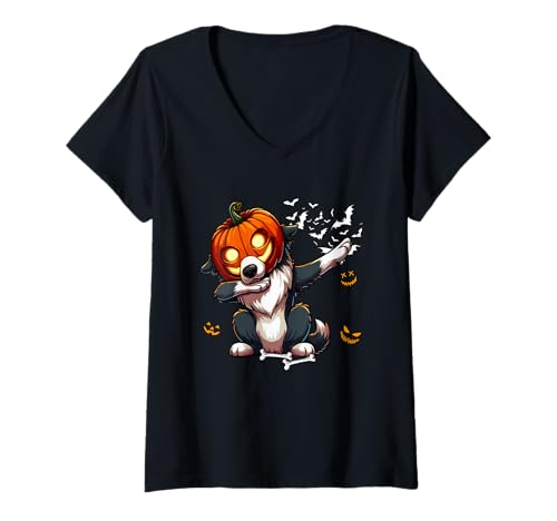 Damen Dabbing Border Collie Carved Pumpkin Horror Head Halloween T-Shirt mit V-Ausschnitt Damen Dabbing Border Collie Carved Pumpkin Horror Head Halloween T-Shirt mit V-Ausschnitt von Dog Halloween Costume