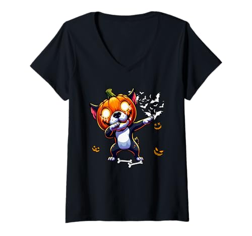 Damen Dabbing Boston Terrier Carved Pumpkin Horror Head Halloween T-Shirt mit V-Ausschnitt Damen Dabbing Boston Terrier Carved Pumpkin Horror Head Halloween T-Shirt mit V-Ausschnitt von Dog Halloween Costume