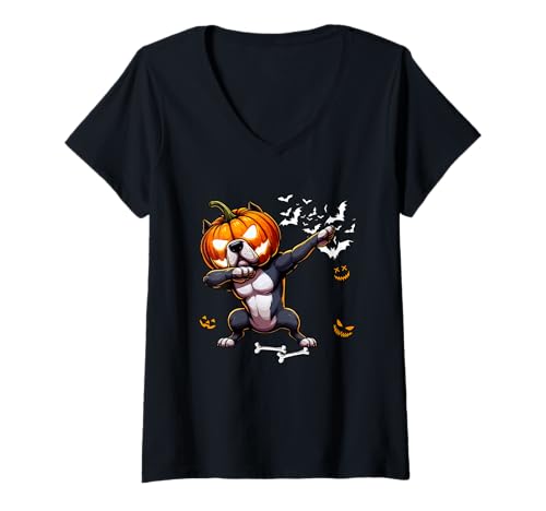Damen Dabbing Cane Corso Carved Pumpkin Horror Head Halloween T-Shirt mit V-Ausschnitt Damen Dabbing Cane Corso Carved Pumpkin Horror Head Halloween T-Shirt mit V-Ausschnitt von Dog Halloween Costume
