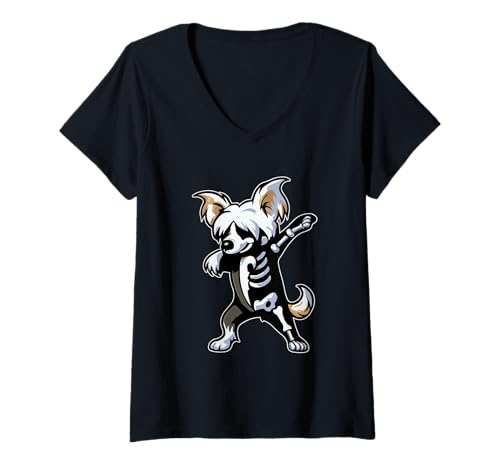 Damen Dabbing Chinesischer Schopfhund halbes Skelett Halloween Besitzer T-Shirt mit V-Ausschnitt Damen Dabbing Chinesischer Schopfhund halbes Skelett Halloween Besitzer T-Shirt mit V-Ausschnitt von Dog Halloween Costume