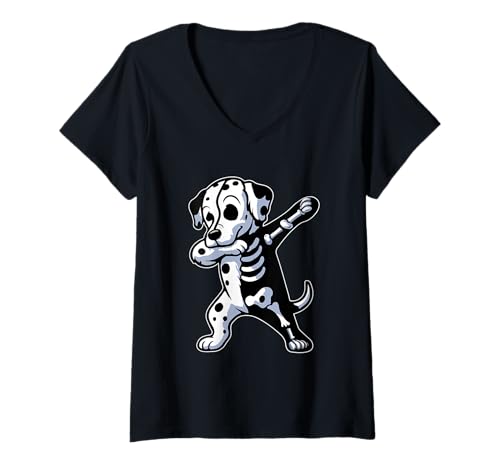 Damen Dabbing Dalmatiner Halbes Skelett Halloween Kostüm Besitzer T-Shirt mit V-Ausschnitt von Dog Halloween Costume