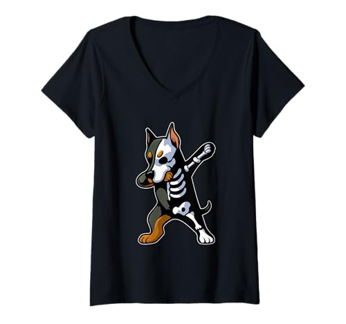 Damen Dabbing Dobermann Halbes Skelett Halloween Kostüm Besitzer T-Shirt mit V-Ausschnitt Damen Dabbing Dobermann Halbes Skelett Halloween Kostüm Besitzer T-Shirt mit V-Ausschnitt von Dog Halloween Costume