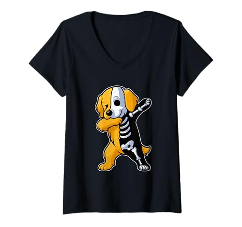 Damen Dabbing Golden Retriever Halbes Skelett Halloween Besitzer T-Shirt mit V-Ausschnitt von Dog Halloween Costume