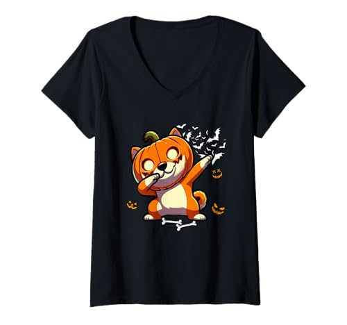 Damen Dabbing Shiba Inu Carved Pumpkin Horror Head Halloween Owner T-Shirt mit V-Ausschnitt Damen Dabbing Shiba Inu Carved Pumpkin Horror Head Halloween Owner T-Shirt mit V-Ausschnitt von Dog Halloween Costume