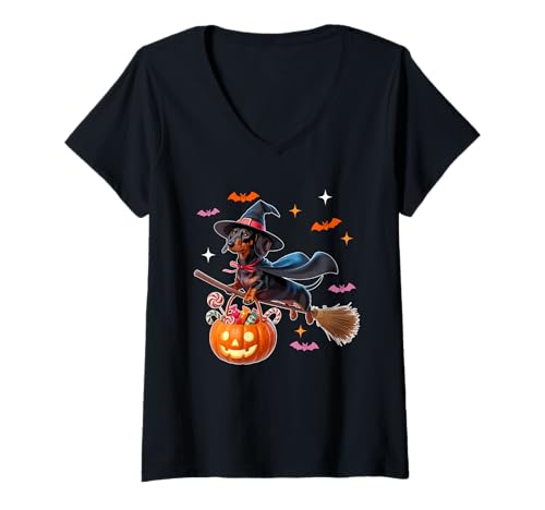 Damen Dachshund Cosplay Witch On Broomstick Halloween Owner Kids T-Shirt mit V-Ausschnitt von Dog Halloween Costume