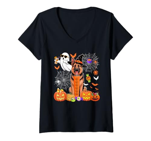 Damen Deutscher Schäferhund als Hexe trinkt Kaffee Halloween Boo T-Shirt mit V-Ausschnitt von Dog Halloween Costume