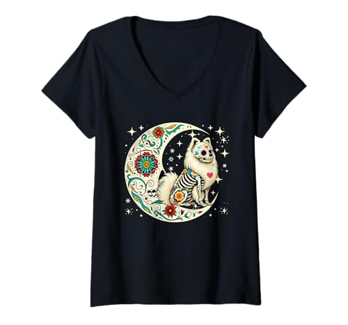 Damen Dia De Los Muertos Halloween Mond Floral Skelett Pomeranian T-Shirt mit V-Ausschnitt Damen Dia De Los Muertos Halloween Mond Floral Skelett Pomeranian T-Shirt mit V-Ausschnitt von Dog Halloween Costume