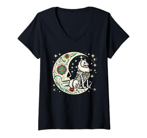 Damen Dia De Los Muertos Halloween Mond Floral Skelett Samojeden T-Shirt mit V-Ausschnitt von Dog Halloween Costume