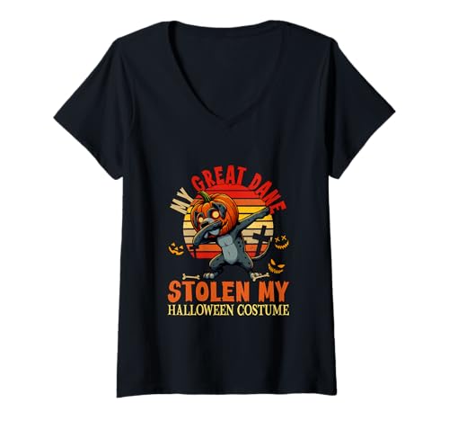 Damen Dogge gestohlen Mein Halloween-Kostüm Hund geschnitzter Kürbis T-Shirt mit V-Ausschnitt von Dog Halloween Costume
