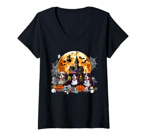 Damen Drei Halloween Berner Gebirge als Hexe Mama Zombie T-Shirt mit V-Ausschnitt Damen Drei Halloween Berner Gebirge als Hexe Mama Zombie T-Shirt mit V-Ausschnitt von Dog Halloween Costume