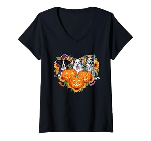 Damen Drei Halloween Border Collies Cosplay Witch Boo Mummy T-Shirt mit V-Ausschnitt von Dog Halloween Costume
