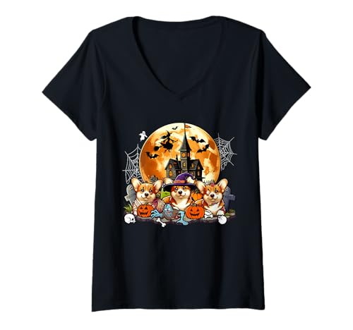 Damen Drei Halloween-Corgis als Horrorhexe Mumie Zombie T-Shirt mit V-Ausschnitt Damen Drei Halloween-Corgis als Horrorhexe Mumie Zombie T-Shirt mit V-Ausschnitt von Dog Halloween Costume