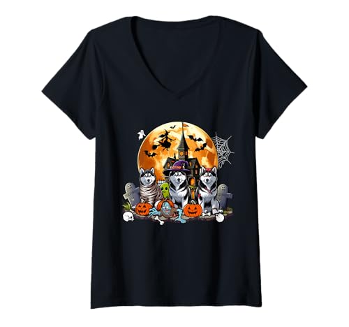 Damen Drei Halloween-Huskys als Horrorhexe Mumie Zombie T-Shirt mit V-Ausschnitt Damen Drei Halloween-Huskys als Horrorhexe Mumie Zombie T-Shirt mit V-Ausschnitt von Dog Halloween Costume