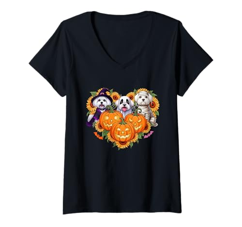 Damen Drei Halloween Malteser Cosplay Hexe Boo Mama T-Shirt mit V-Ausschnitt Damen Drei Halloween Malteser Cosplay Hexe Boo Mama T-Shirt mit V-Ausschnitt von Dog Halloween Costume