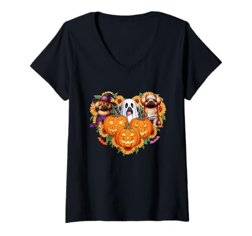 Damen Drei Halloween Pekingeses Cosplay Hexe Boo Mummy T-Shirt mit V-Ausschnitt Damen Drei Halloween Pekingeses Cosplay Hexe Boo Mummy T-Shirt mit V-Ausschnitt von Dog Halloween Costume
