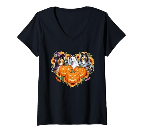 Damen Drei Halloween-Shelties Cosplay Witch Boo Mummy T-Shirt mit V-Ausschnitt Damen Drei Halloween-Shelties Cosplay Witch Boo Mummy T-Shirt mit V-Ausschnitt von Dog Halloween Costume