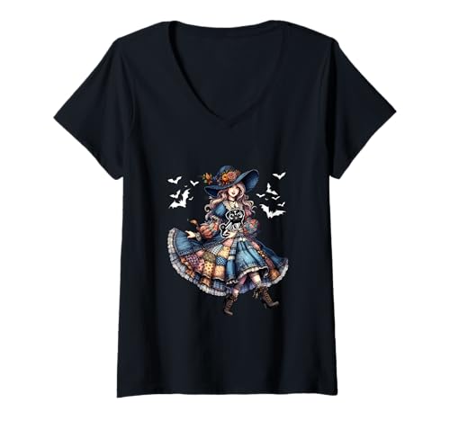 Damen Floral Witch Hugging Mops Cosplay Skelett Halloween T-Shirt mit V-Ausschnitt von Dog Halloween Costume