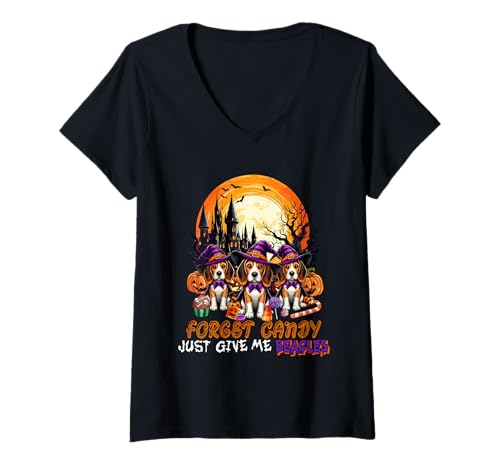 Damen Forget Candy Give Me Beagles Halloween Cosplay Witches T-Shirt mit V-Ausschnitt Damen Forget Candy Give Me Beagles Halloween Cosplay Witches T-Shirt mit V-Ausschnitt von Dog Halloween Costume