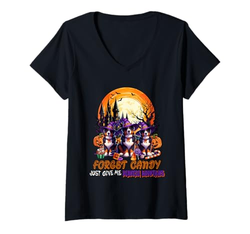Damen Forget Candy Give Me Bernese Mountains Halloween Witches T-Shirt mit V-Ausschnitt von Dog Halloween Costume
