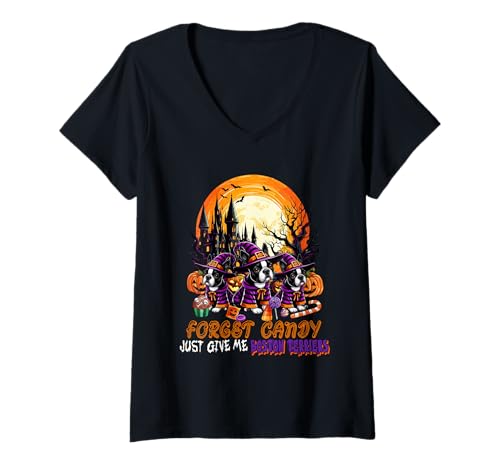 Damen Forget Candy Give Me Boston Terriers Halloween Witches T-Shirt mit V-Ausschnitt von Dog Halloween Costume