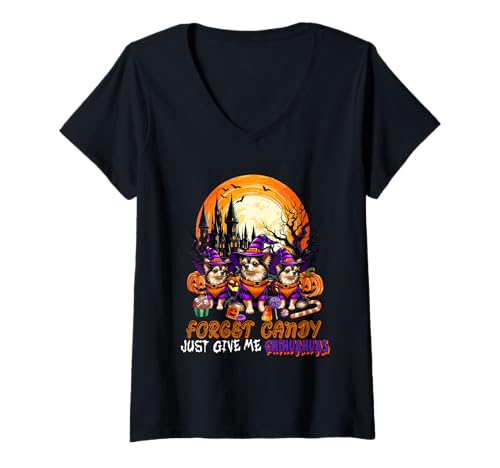 Damen Forget Candy Give Me Chihuahuas Halloween Cosplay Witches T-Shirt mit V-Ausschnitt Damen Forget Candy Give Me Chihuahuas Halloween Cosplay Witches T-Shirt mit V-Ausschnitt von Dog Halloween Costume