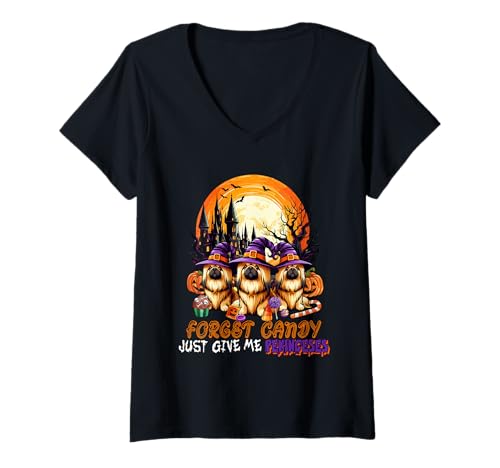 Damen Forget Candy Give Me Pekingeses Halloween Cosplay Witches T-Shirt mit V-Ausschnitt von Dog Halloween Costume