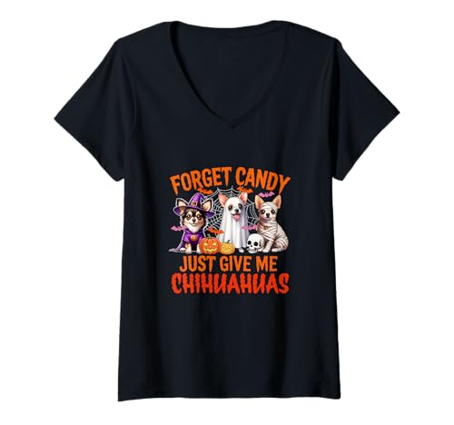Damen Forget Candy Just Give Me Chihuahuas Halloween Cosplay Witch T-Shirt mit V-Ausschnitt Damen Forget Candy Just Give Me Chihuahuas Halloween Cosplay Witch T-Shirt mit V-Ausschnitt von Dog Halloween Costume