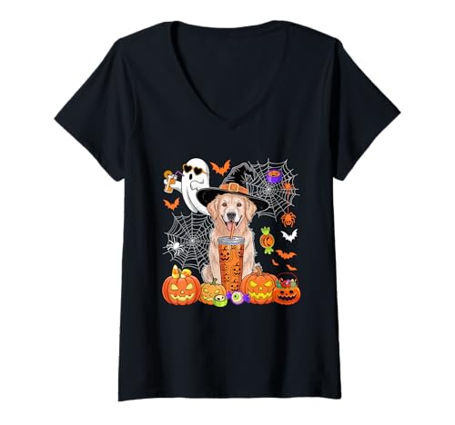 Damen Golden Retriever als Hexe beim Kaffeetrinken Halloween Boo T-Shirt mit V-Ausschnitt von Dog Halloween Costume