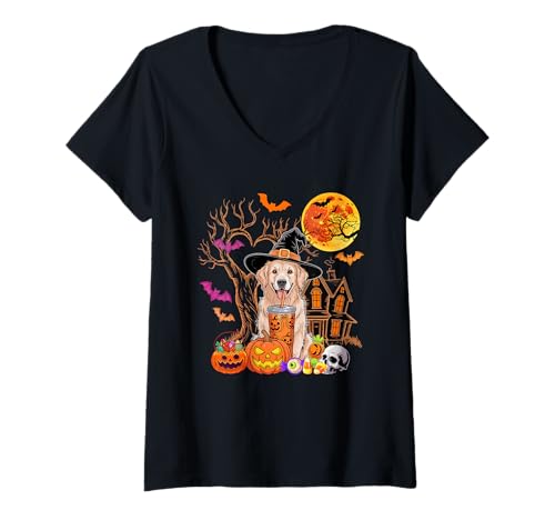 Damen Golden Retriever als Hexe trinkt Kaffee Halloween Kürbis T-Shirt mit V-Ausschnitt von Dog Halloween Costume