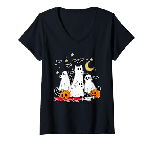 Damen Group Dogs Cosplay Boo Ghosts Halloween Geschnitzte Kürbisse T-Shirt mit V-Ausschnitt von Dog Halloween Costume