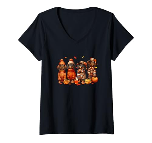 Damen Gruppe Dackel Thanksgiving Pilger Herbst Blätter Kürbisse T-Shirt mit V-Ausschnitt Damen Gruppe Dackel Thanksgiving Pilger Herbst Blätter Kürbisse T-Shirt mit V-Ausschnitt von Dog Halloween Costume