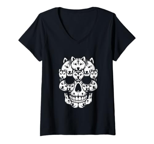 Damen Gruppe Shiba Inus als Halloween-Totenkopf-Kostüm Hundebesitzer-Liebhaber T-Shirt mit V-Ausschnitt Damen Gruppe Shiba Inus als Halloween-Totenkopf-Kostüm Hundebesitzer-Liebhaber T-Shirt mit V-Ausschnitt von Dog Halloween Costume