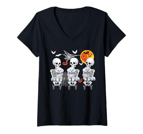 Damen Gruppe Skelette Umarmung Bichon Frises Halloween Besitzer Familie T-Shirt mit V-Ausschnitt Damen Gruppe Skelette Umarmung Bichon Frises Halloween Besitzer Familie T-Shirt mit V-Ausschnitt von Dog Halloween Costume