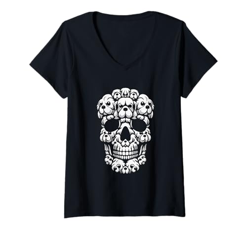 Damen Gruppenkönig Charles Spaniels als Halloween-Totenkopf-Kostümbesitzer T-Shirt mit V-Ausschnitt von Dog Halloween Costume