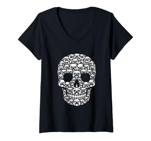 Damen Gruppenmops als Halloween-Totenkopf-Kostüm Hundebesitzer T-Shirt mit V-Ausschnitt von Dog Halloween Costume