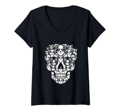 Damen Gruppenpapillons als Halloween-Totenkopf-Kostüm, Hundebesitzer, Liebhaber T-Shirt mit V-Ausschnitt von Dog Halloween Costume