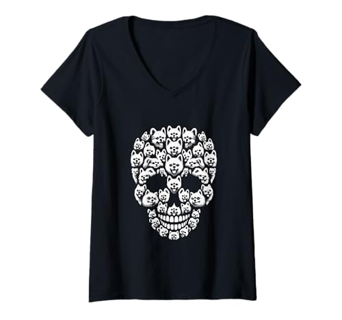 Damen Gruppenpommern als Halloween-Totenkopf-Kostüm, Hundebesitzer, Liebhaber T-Shirt mit V-Ausschnitt von Dog Halloween Costume