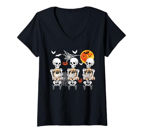 Damen Gruppenskelette umarmt Pekinesen Halloween Besitzer Familie T-Shirt mit V-Ausschnitt Damen Gruppenskelette umarmt Pekinesen Halloween Besitzer Familie T-Shirt mit V-Ausschnitt von Dog Halloween Costume