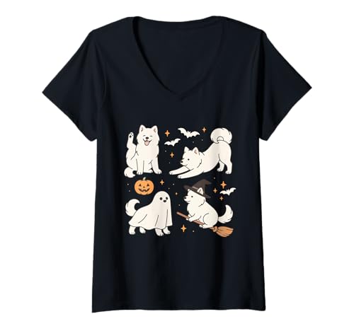 Damen Halloween Group Samojeden Cosplay Hexe Boo Workout Yoga T-Shirt mit V-Ausschnitt Damen Halloween Group Samojeden Cosplay Hexe Boo Workout Yoga T-Shirt mit V-Ausschnitt von Dog Halloween Costume