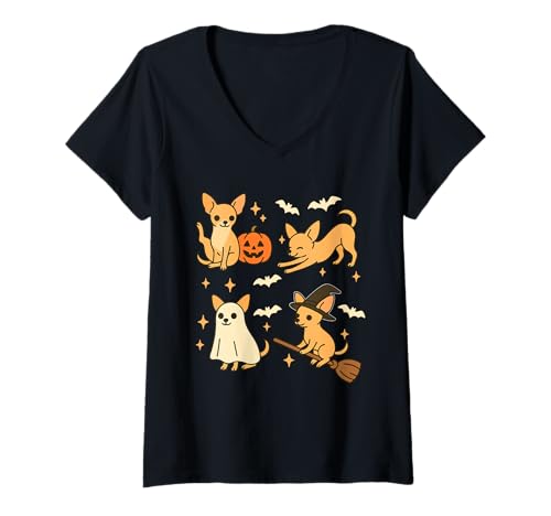 Damen Halloween Gruppe Chihuahuas Cosplay Hexe Boo Workout Yoga T-Shirt mit V-Ausschnitt Damen Halloween Gruppe Chihuahuas Cosplay Hexe Boo Workout Yoga T-Shirt mit V-Ausschnitt von Dog Halloween Costume