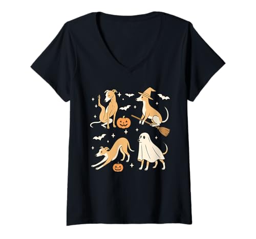 Damen Halloween-Gruppe Whippets Cosplay Witch Boo Workout Yoga T-Shirt mit V-Ausschnitt Damen Halloween-Gruppe Whippets Cosplay Witch Boo Workout Yoga T-Shirt mit V-Ausschnitt von Dog Halloween Costume