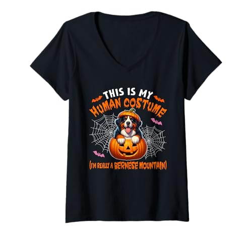 Damen Halloween Joke Human Costume Bernese Mountain Carved Pumpkin T-Shirt mit V-Ausschnitt von Dog Halloween Costume