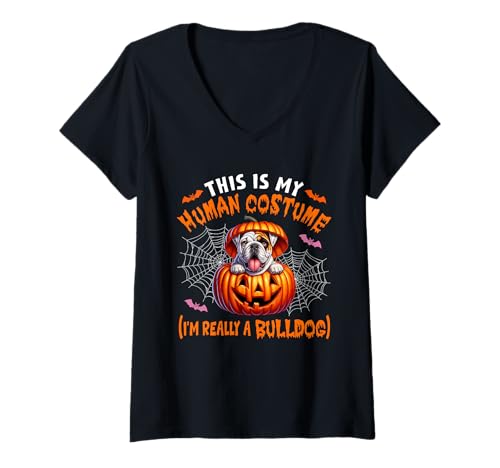 Damen Halloween Joke Human Costume Bulldog In Carved Pumpkin T-Shirt mit V-Ausschnitt Damen Halloween Joke Human Costume Bulldog In Carved Pumpkin T-Shirt mit V-Ausschnitt von Dog Halloween Costume