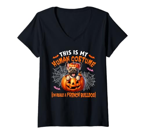 Damen Halloween Joke Human Costume French Bulldog Carved Pumpkin T-Shirt mit V-Ausschnitt Damen Halloween Joke Human Costume French Bulldog Carved Pumpkin T-Shirt mit V-Ausschnitt von Dog Halloween Costume